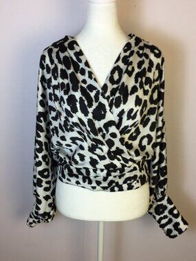 Express Wrap Crop Blouse Top Size M Womans Black White Animal Print Long Sleeve